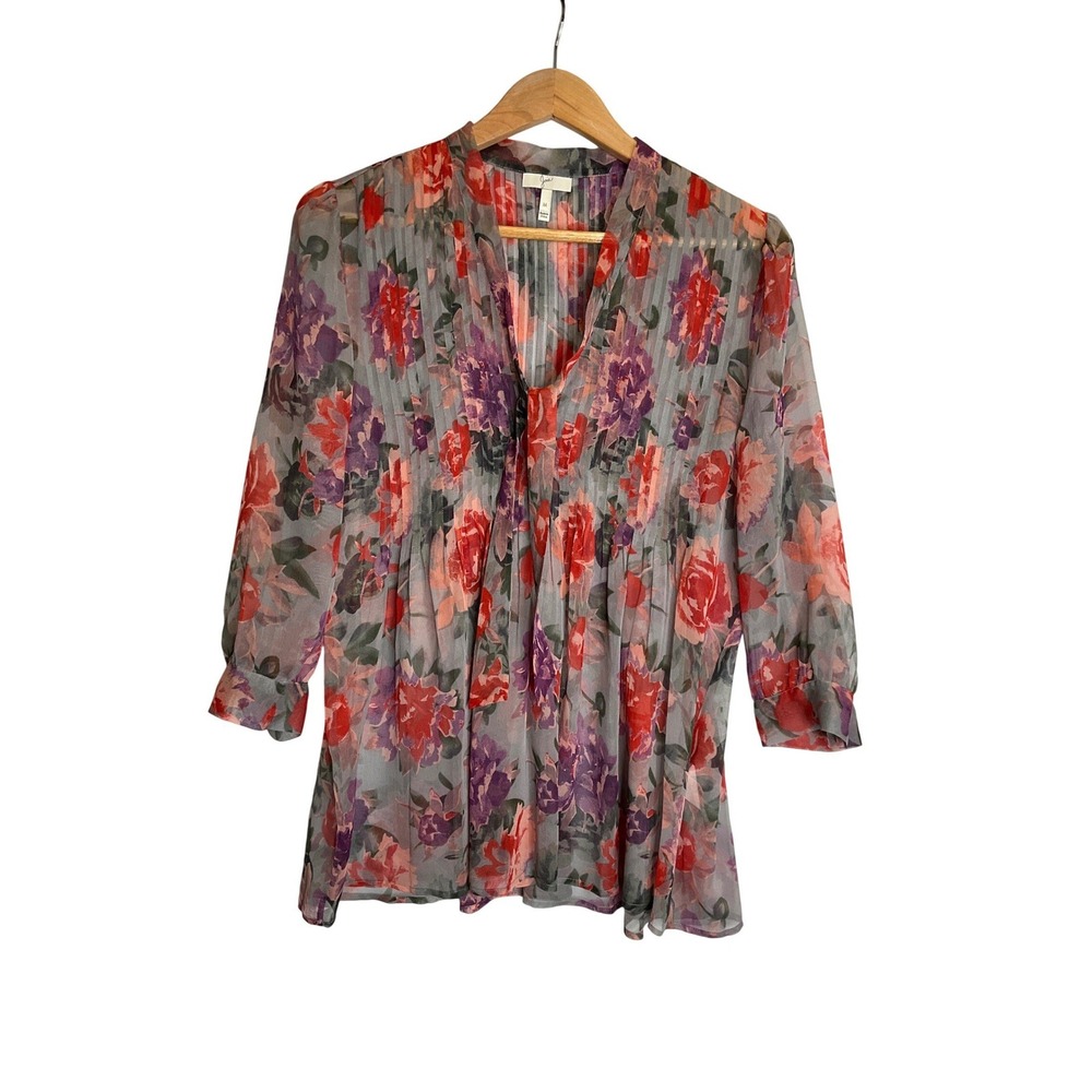 Joie Sheer Floral Long Sleeve V-Neck Tie Blouse Romantic Cottagecore Feminine M